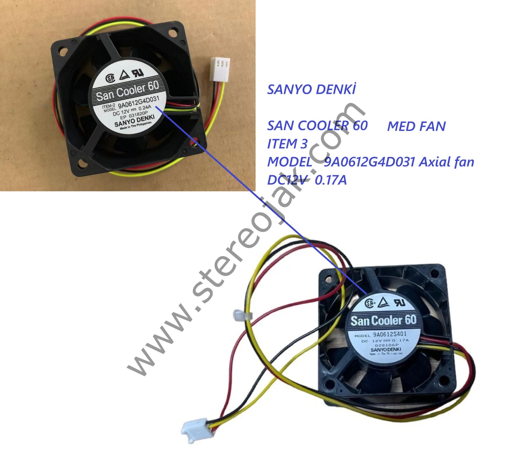 SANYO DENKİ    SAN COOLER 60    ITEM 3  MODEL   9A0612G4D031 Axial fan DC12V  0.17A   MEDFAN   ( Uzun Ömürlü Fan )