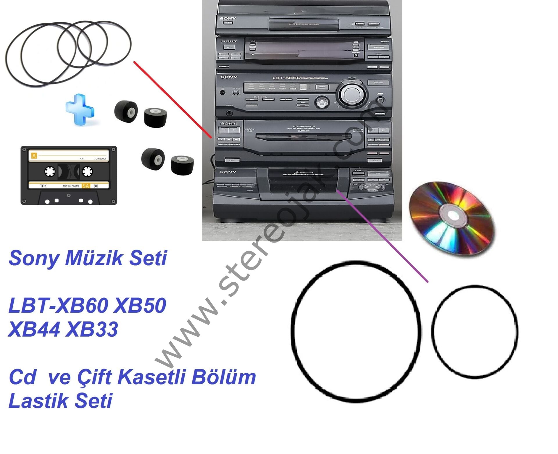 Sony Müzik Seti   LBT-XB60 XB50  XB44 XB33     Cd  ve Çift Kasetli Bölüm Lastik Seti