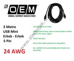 Micro USB B Kablo , Erkek - Erkek , 5 Pin , 3 Metre , OEM , 1.Kalite