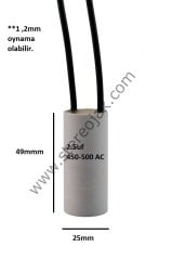 2.5uF , 450-500ACV Daimi Kondansatör , Kaliteli , Uzun Ömürlü  ( 3 Adet )