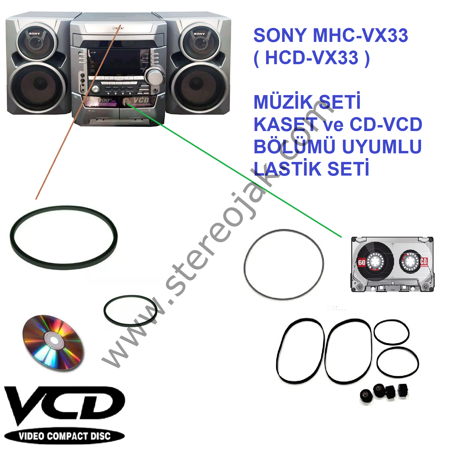 SONY MHC-VX33 ( HCD-VX33 )  MÜZİK SETİ  KASET ve CD-VCD BÖLÜMÜ  UYUMLU   LASTİK SETİ