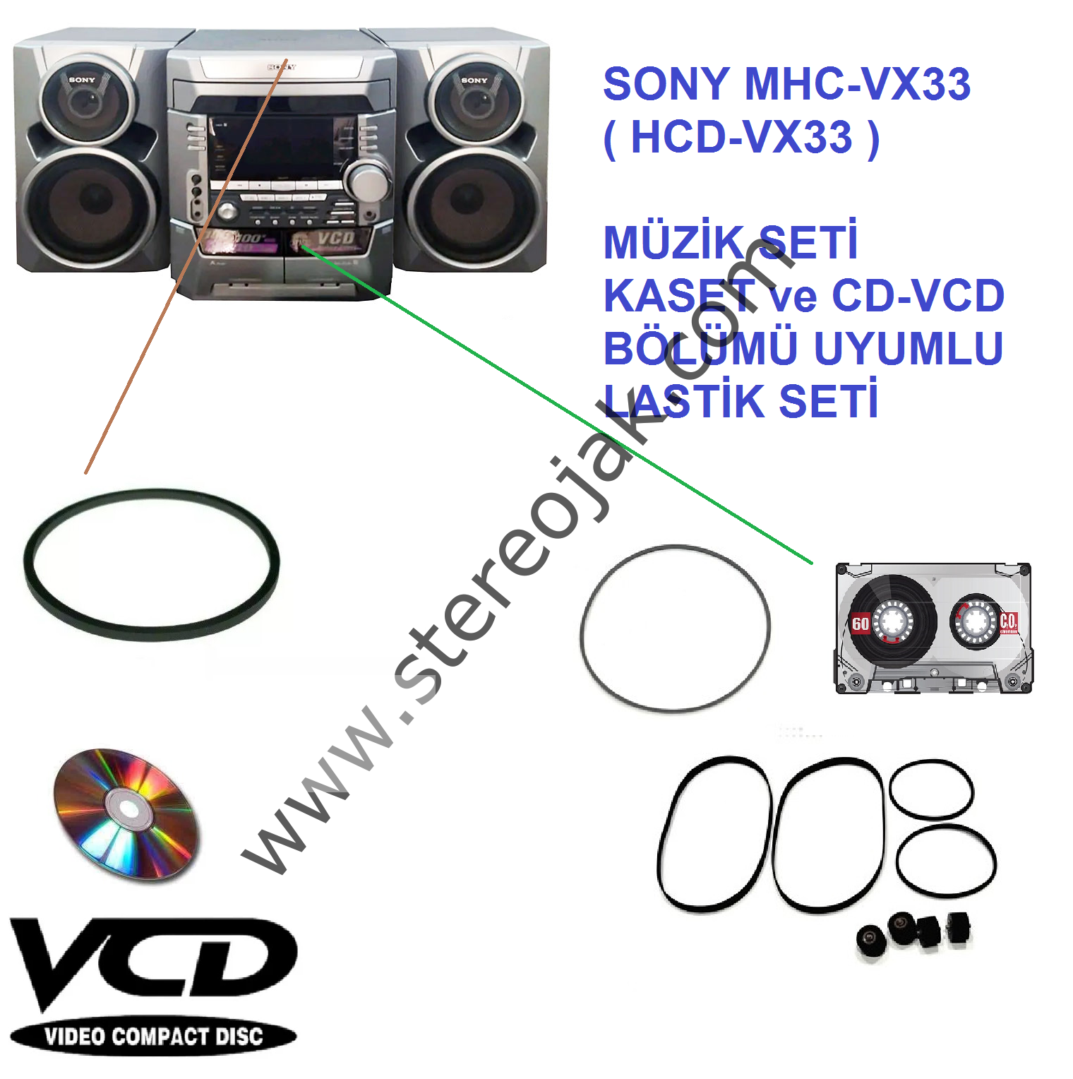 SONY MHC-VX33 ( HCD-VX33 )  MÜZİK SETİ  KASET ve CD-VCD BÖLÜMÜ  UYUMLU   LASTİK SETİ